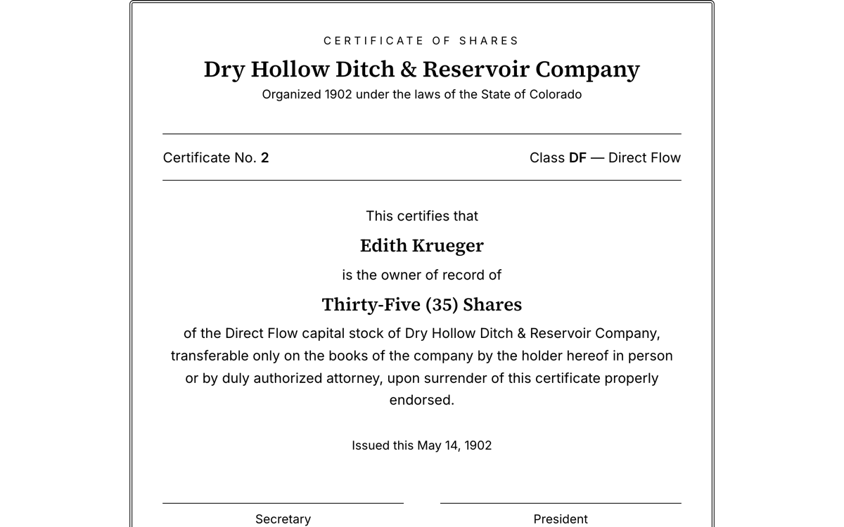A share certificate printed on plain paper, ready to sign and file.